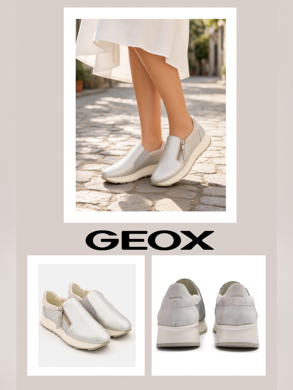 GEOX Stardust Silver Metallic Wedge Sneakers Double Zip Slip-On. Size 36 EU
